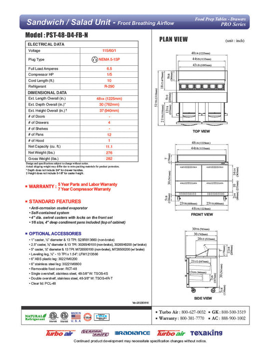 Turbo Air PST-48-D4-FB-N 48 1/4" PRO Series Sandwich/Salad Prep Table w/ Refrigerated Base - Donut-Equipment.com