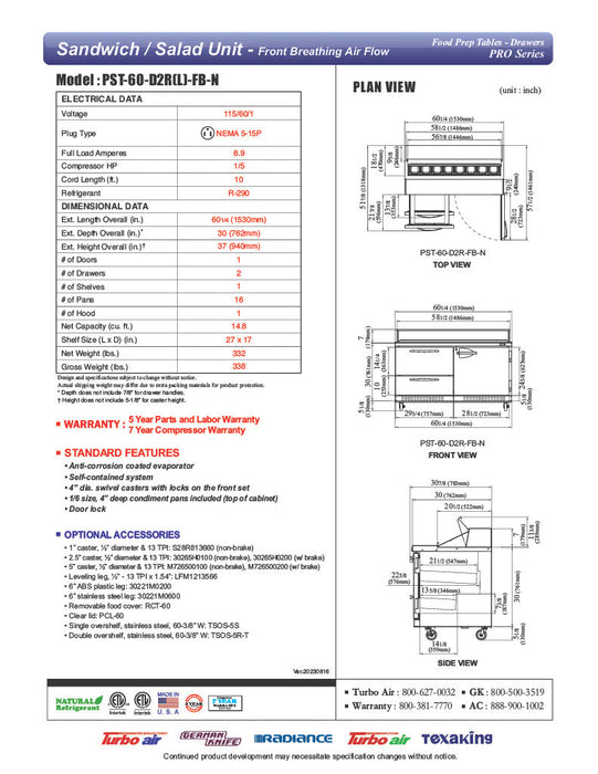 Turbo Air PST-60-D2R(L)-FB-N" PRO Series Sandwich/Salad Prep Table w/ Refrigerated Base - Donut-Equipment.com