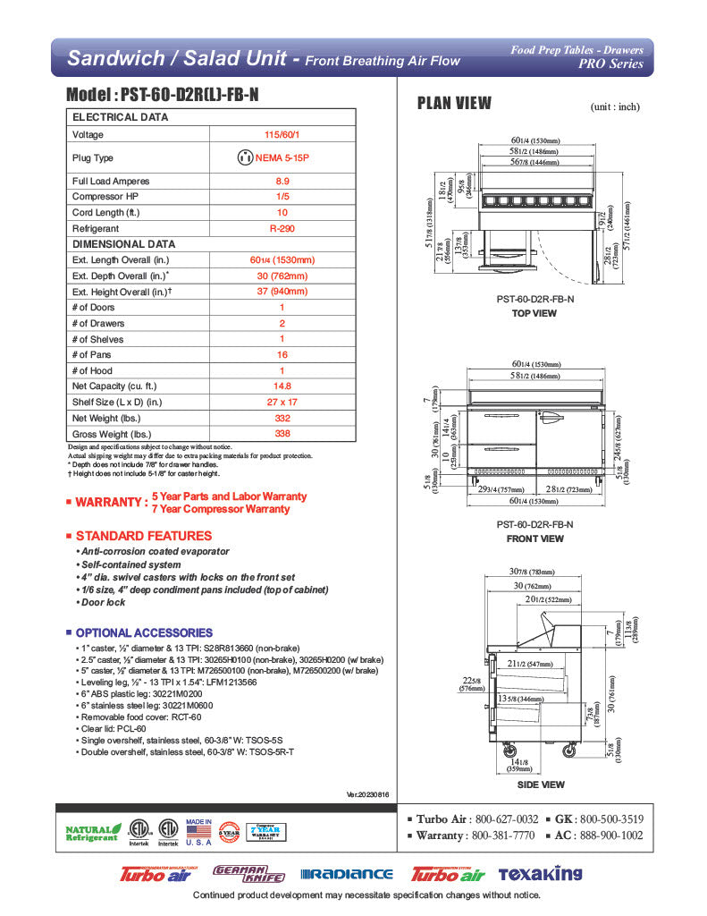 Turbo Air PST-60-D2R(L)-FB-N" PRO Series Sandwich/Salad Prep Table w/ Refrigerated Base - Donut-Equipment.com