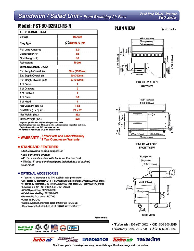 Turbo Air PST-60-D2R(L)-FB-N" PRO Series Sandwich/Salad Prep Table w/ Refrigerated Base - Donut-Equipment.com