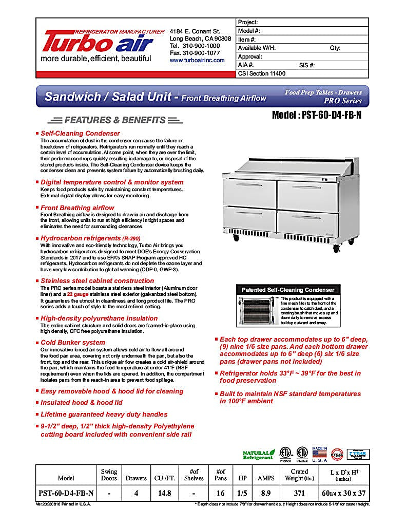 Turbo Air PST-60-D4-FB-N 60 1/4" PRO Series Sandwich/Salad Prep Table w/ Refrigerated Base - Donut-Equipment.com