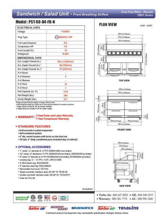 Turbo Air PST-60-D4-FB-N 60 1/4" PRO Series Sandwich/Salad Prep Table w/ Refrigerated Base - Donut-Equipment.com