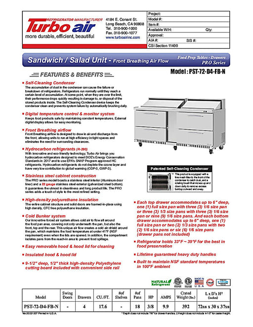 Turbo Air PST-72-D4-FB-N 72 5/8" PRO Series Mega Top Sandwich/Salad Prep Table w/ Refrigerated Base - Donut-Equipment.com