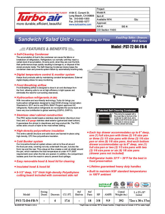 Turbo Air PST-72-D4-FB-N 72 5/8" PRO Series Mega Top Sandwich/Salad Prep Table w/ Refrigerated Base - Donut-Equipment.com