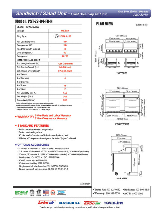 Turbo Air PST-72-D4-FB-N 72 5/8" PRO Series Mega Top Sandwich/Salad Prep Table w/ Refrigerated Base - Donut-Equipment.com