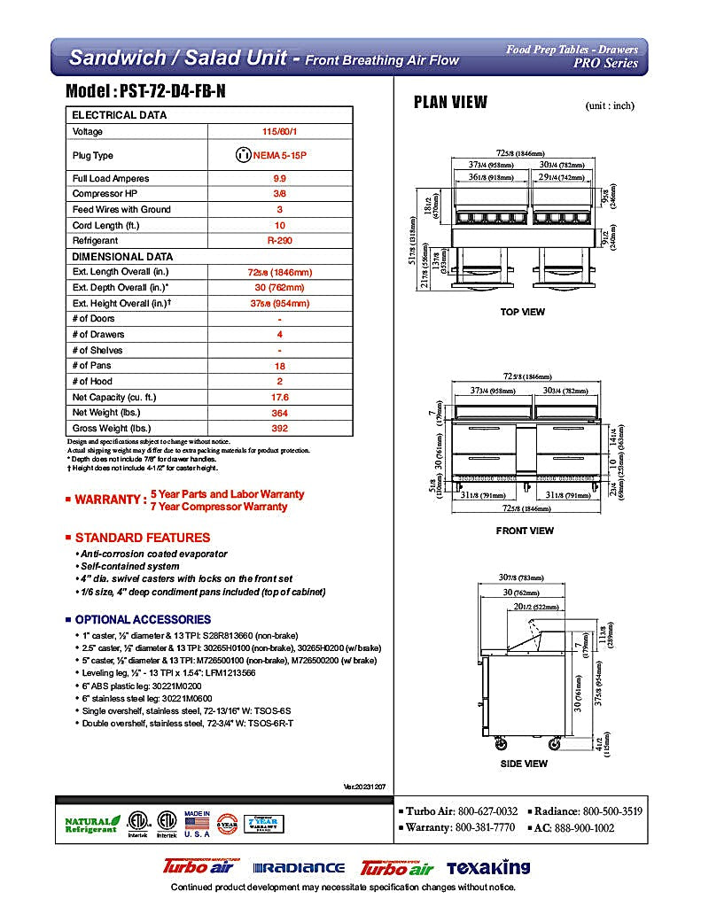 Turbo Air PST-72-D4-FB-N 72 5/8" PRO Series Mega Top Sandwich/Salad Prep Table w/ Refrigerated Base - Donut-Equipment.com