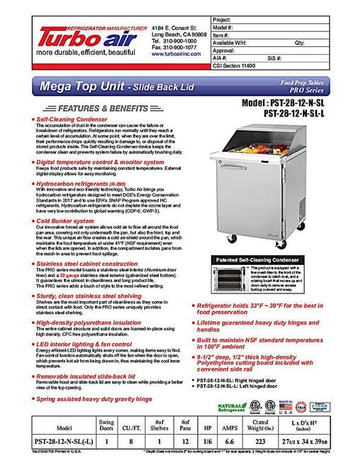 Turbo Air PST-28-12-FB-N(-L) " PRO Series Mega Top Sandwich/Salad Prep Table w/ Refrigerated Base - Donut-Equipment.com