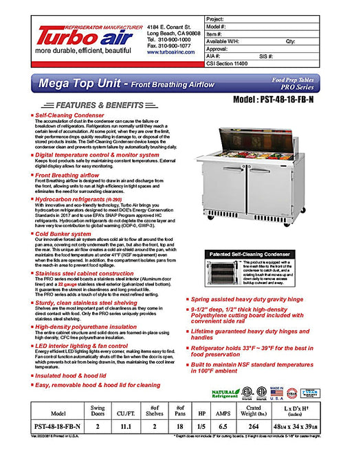 Turbo Air PST-48-18-FB-N 48 1/4" PRO Series Mega Top Sandwich/Salad Prep Table w/ Refrigerated Base - Donut-Equipment.com