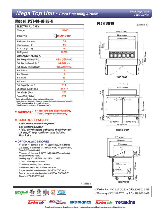 Turbo Air PST-48-18-FB-N 48 1/4" PRO Series Mega Top Sandwich/Salad Prep Table w/ Refrigerated Base - Donut-Equipment.com