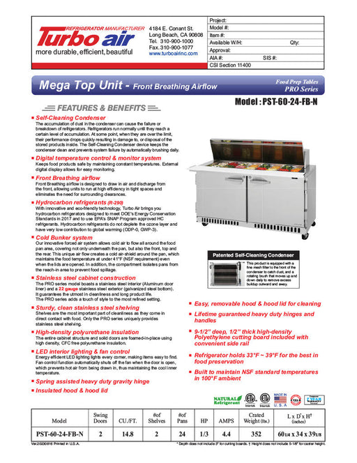Turbo Air PST-60-24-FB-N 60 1/4" PRO Series Mega Top Sandwich/Salad Prep Table w/ Refrigerated Base - Donut-Equipment.com