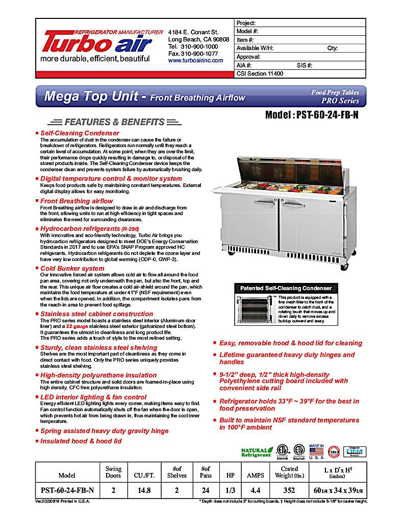 Turbo Air PST-60-24-FB-N 60 1/4" PRO Series Mega Top Sandwich/Salad Prep Table w/ Refrigerated Base - Donut-Equipment.com