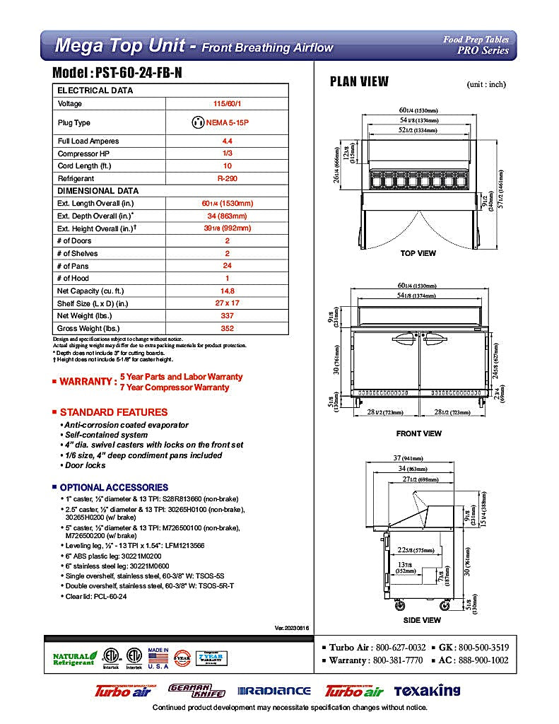 Turbo Air PST-60-24-FB-N 60 1/4" PRO Series Mega Top Sandwich/Salad Prep Table w/ Refrigerated Base - Donut-Equipment.com