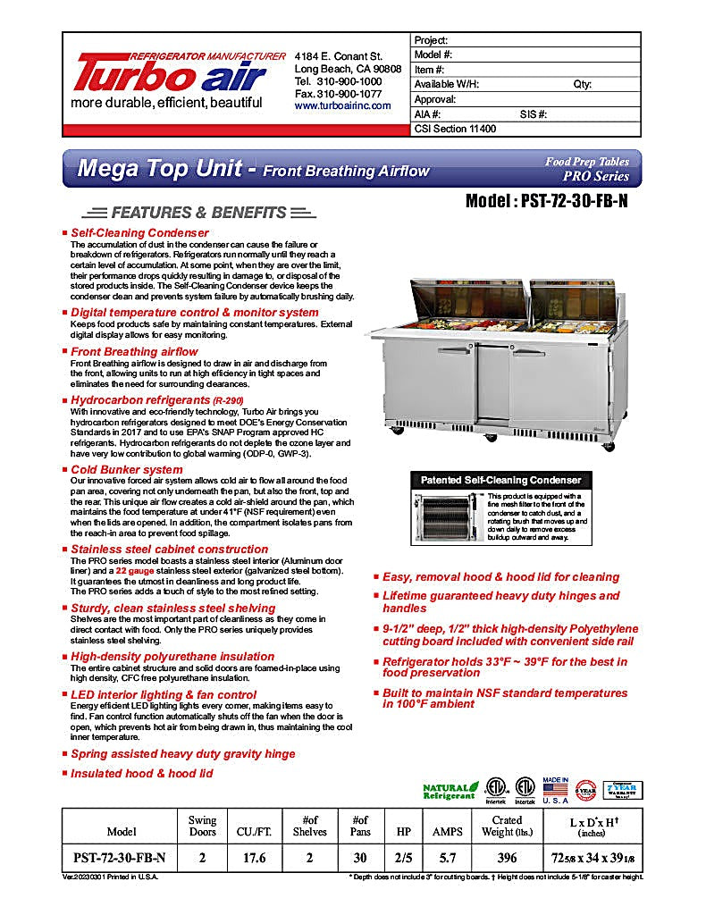 Turbo Air PST-72-30-FB-N 72 5/8" PRO Series Mega Top Sandwich/Salad Prep Table w/ Refrigerated Base - Donut-Equipment.com