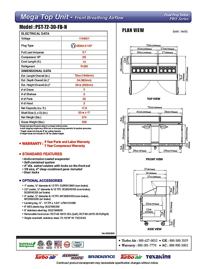 Turbo Air PST-72-30-FB-N 72 5/8" PRO Series Mega Top Sandwich/Salad Prep Table w/ Refrigerated Base - Donut-Equipment.com