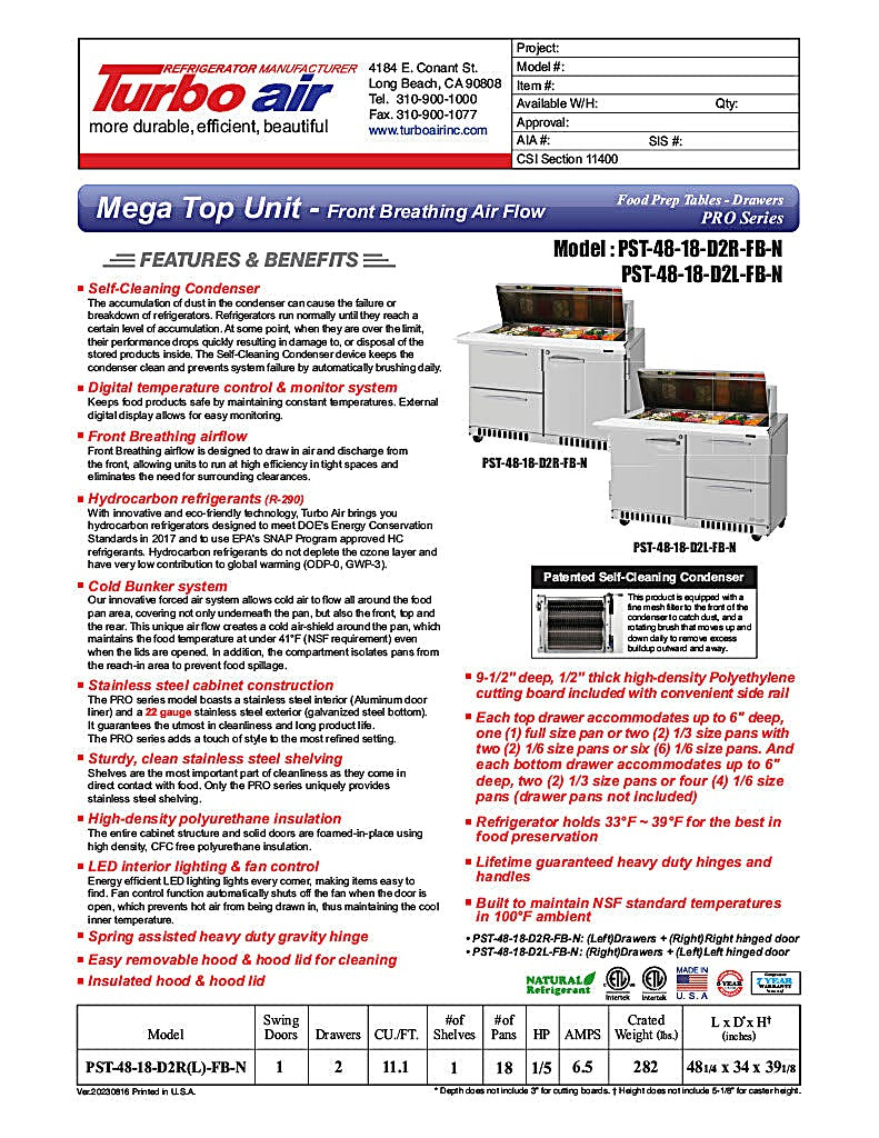 Turbo Air PST-48-18-D2R(L)-FB-N PRO Series Sandwich/Salad Prep Table w/ Refrigerated Base - Donut-Equipment.com
