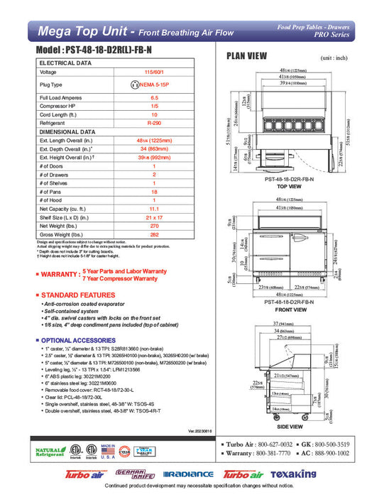 Turbo Air PST-48-18-D2R(L)-FB-N PRO Series Sandwich/Salad Prep Table w/ Refrigerated Base - Donut-Equipment.com