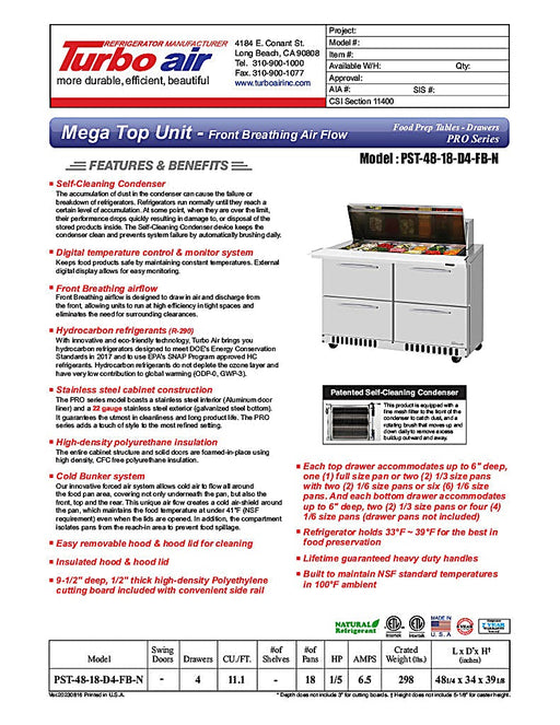 Turbo Air PST-48-18-D4-FB-N PRO Series Mega Top Sandwich/Salad Prep Table Front Breathing Airflow - Donut-Equipment.com