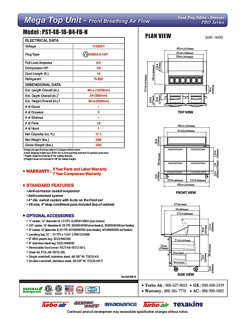 Turbo Air PST-48-18-D4-FB-N PRO Series Mega Top Sandwich/Salad Prep Table Front Breathing Airflow - Donut-Equipment.com