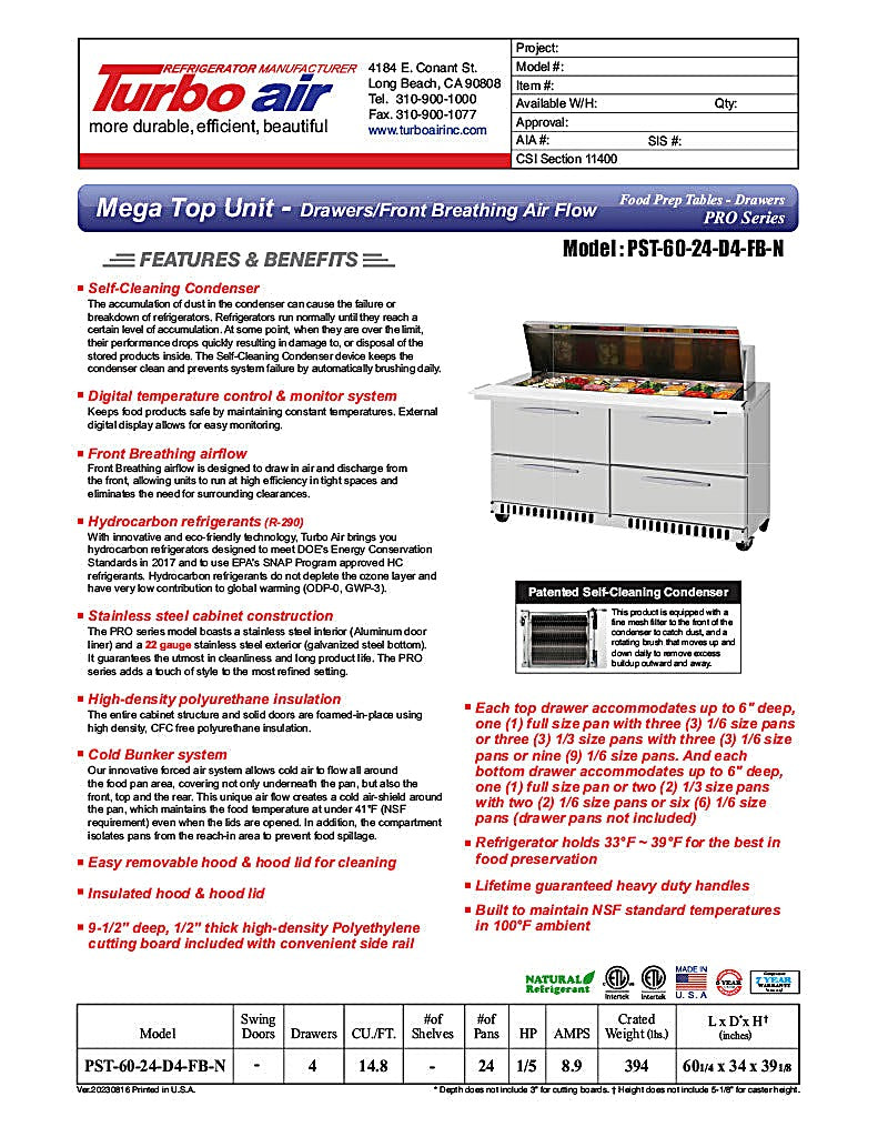 Turbo Air PST-60-24-D4-FB-N PRO Series Mega Top Sandwich/Salad Prep Table Front Breathing Airflow - Donut-Equipment.com