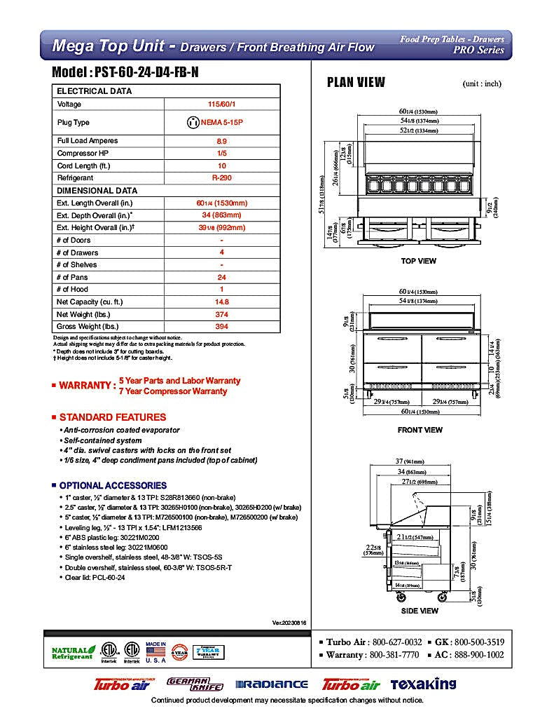 Turbo Air PST-60-24-D4-FB-N PRO Series Mega Top Sandwich/Salad Prep Table Front Breathing Airflow - Donut-Equipment.com