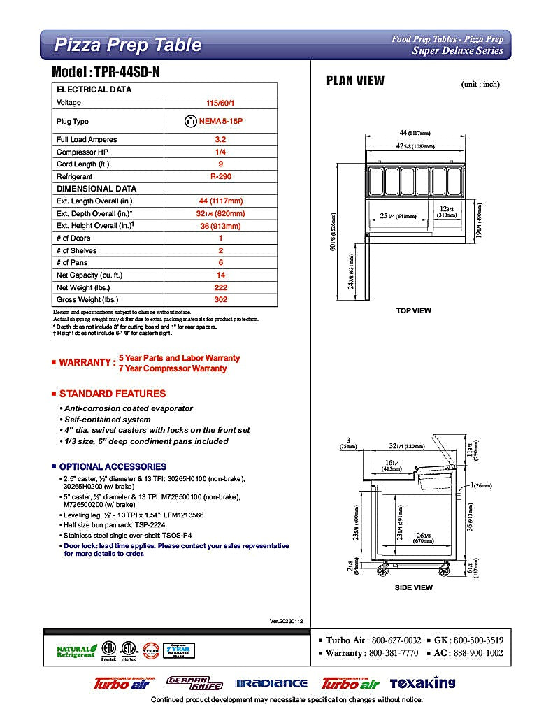 Turbo Air TPR-44SD-N 44" Super Deluxe Refrigerated Pizza Prep Table - Donut-Equipment.com