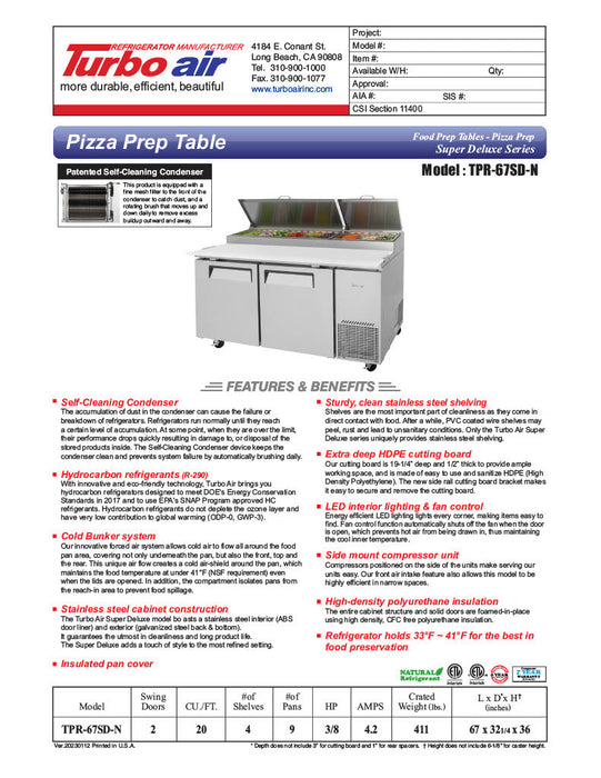Turbo Air TPR-67SD-N 67" Super Deluxe Refrigerated Pizza Prep Table - Donut-Equipment.com