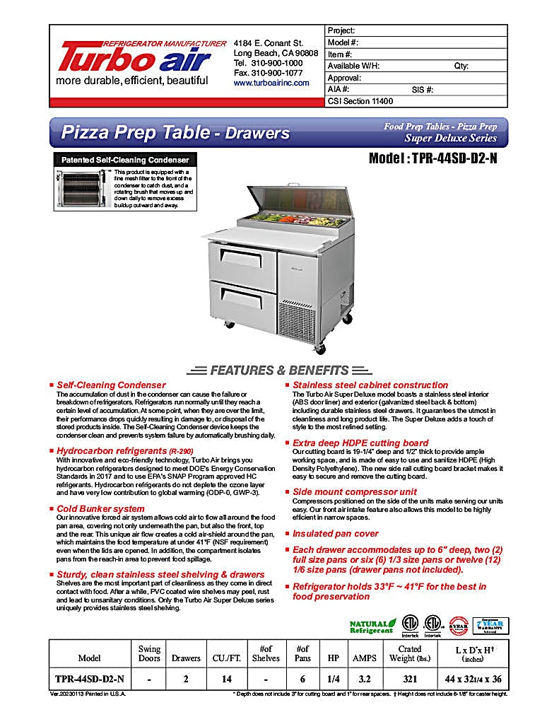 Turbo Air TPR-44SD-D2-N 44" 2 Drawer Pizza Prep Table - Donut-Equipment.com