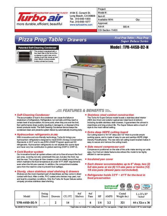 Turbo Air TPR-44SD-D2-N 44" 2 Drawer Pizza Prep Table - Donut-Equipment.com