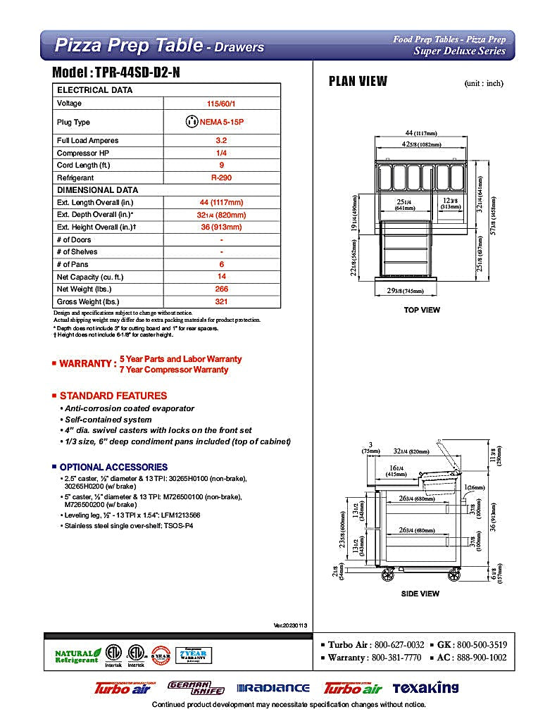 Turbo Air TPR-44SD-D2-N 44" 2 Drawer Pizza Prep Table - Donut-Equipment.com