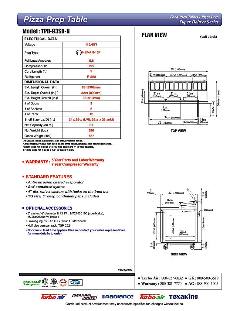 Turbo Air TPR-93SD-N 93" Super Deluxe Refrigerated Pizza Prep Table - Donut-Equipment.com