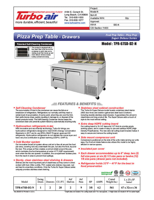 Turbo Air TPR-67SD-D2-N 67" Pizza Prep Table with 1 Door and 2 Drawers - Donut-Equipment.com