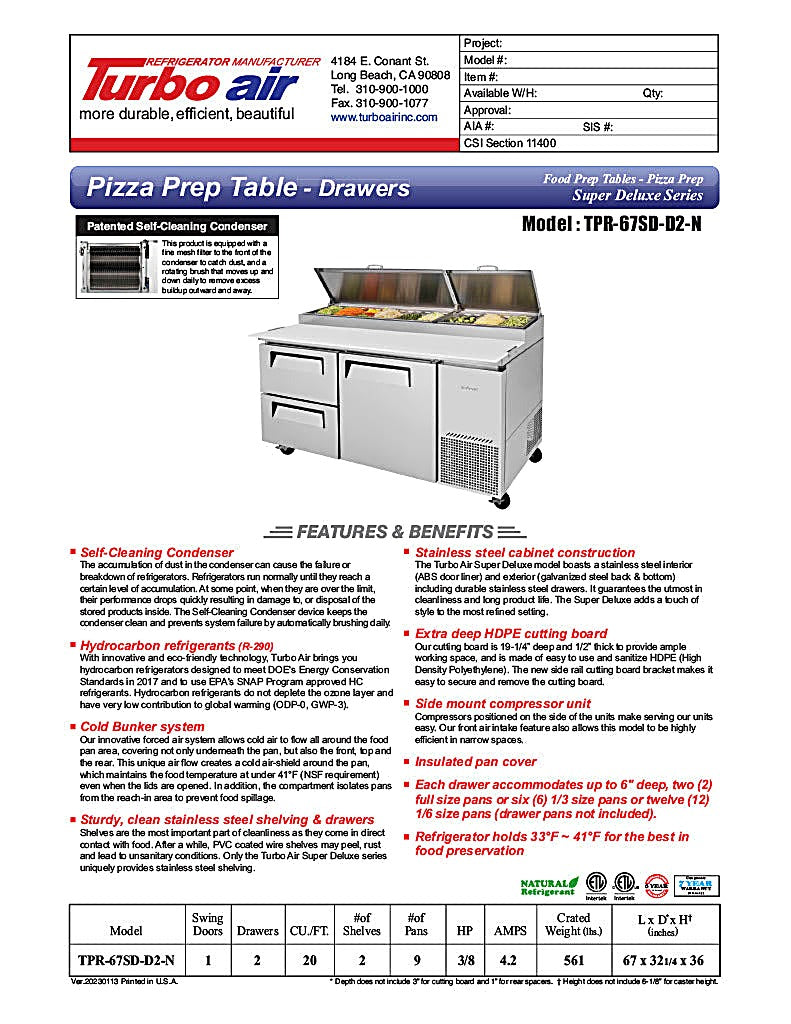 Turbo Air TPR-67SD-D2-N 67" Pizza Prep Table with 1 Door and 2 Drawers - Donut-Equipment.com