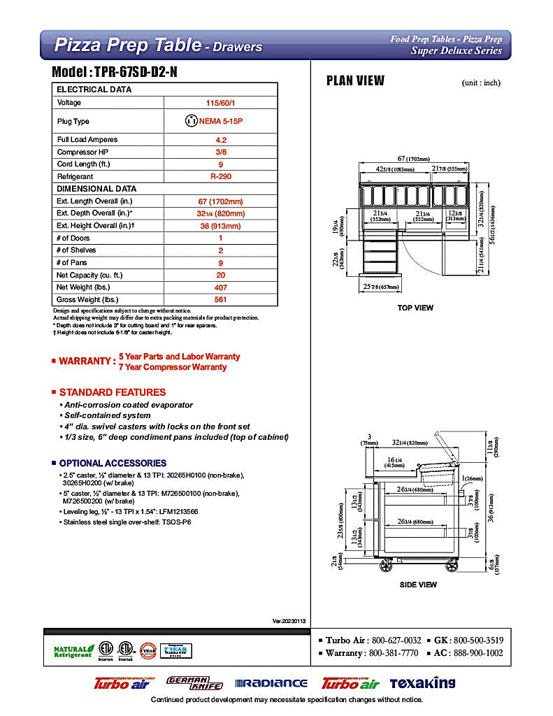 Turbo Air TPR-67SD-D2-N 67" Pizza Prep Table with 1 Door and 2 Drawers - Donut-Equipment.com