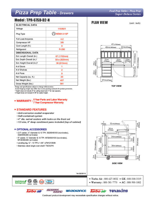 Turbo Air TPR-67SD-D2-N 67" Pizza Prep Table with 1 Door and 2 Drawers - Donut-Equipment.com