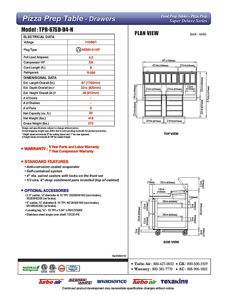 Turbo Air TPR-67SD-D4-N 67" 4 Drawer Pizza Prep Table - Donut-Equipment.com