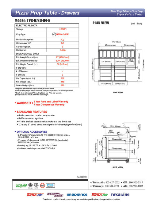 Turbo Air TPR-67SD-D4-N 67" 4 Drawer Pizza Prep Table - Donut-Equipment.com