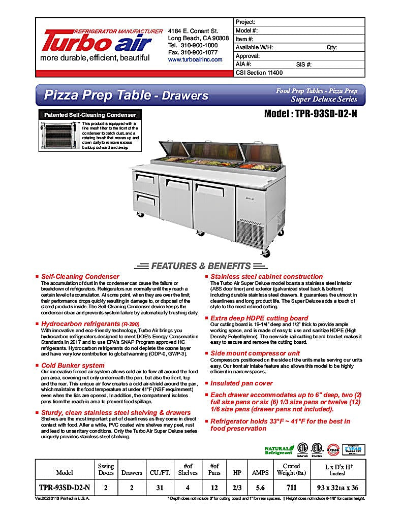 Turbo Air TPR-93SD-D2-N 93" Pizza Prep Table with 2 Doors and 2 Drawers - Donut-Equipment.com