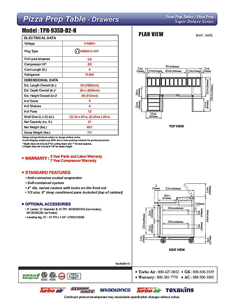 Turbo Air TPR-93SD-D2-N 93" Pizza Prep Table with 2 Doors and 2 Drawers - Donut-Equipment.com