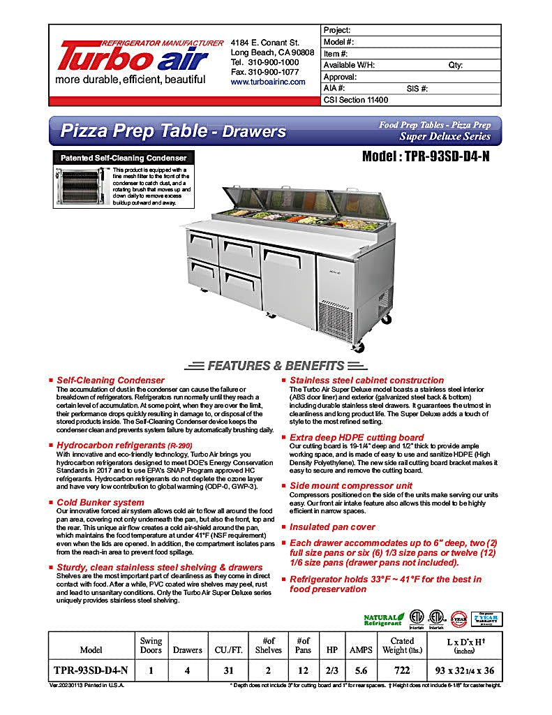 Turbo Air TPR-93SD-D4-N 93" Pizza Prep Table with1 Door and 4 Drawers - Donut-Equipment.com