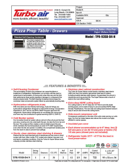 Turbo Air TPR-93SD-D4-N 93" Pizza Prep Table with1 Door and 4 Drawers - Donut-Equipment.com