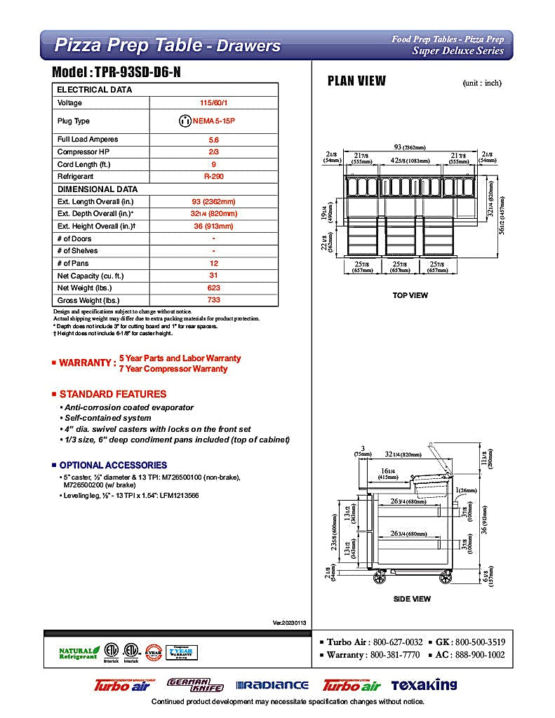 Turbo Air TPR-93SD-D6-N 93" 6 Drawer Pizza Prep Table - Donut-Equipment.com