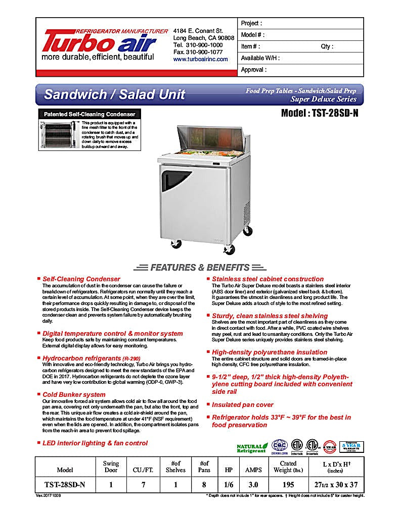 Turbo Air TST-28SD-N 28" 1 Door Refrigerated Sandwich Prep Table - Donut-Equipment.com