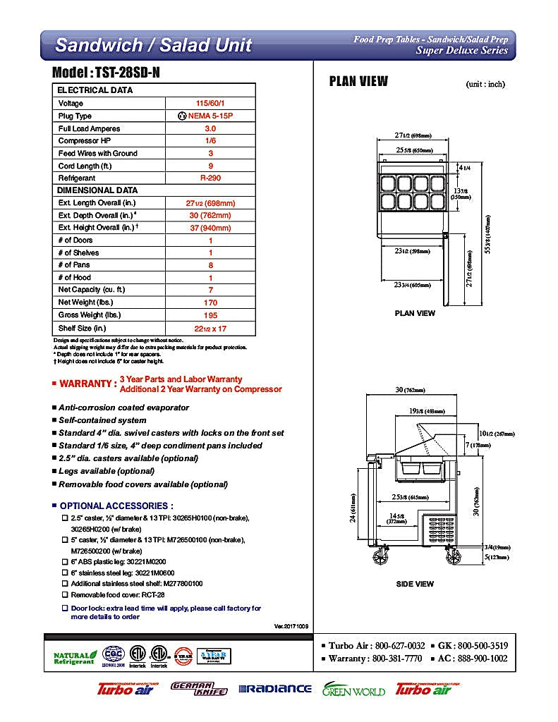Turbo Air TST-28SD-N 28" 1 Door Refrigerated Sandwich Prep Table - Donut-Equipment.com