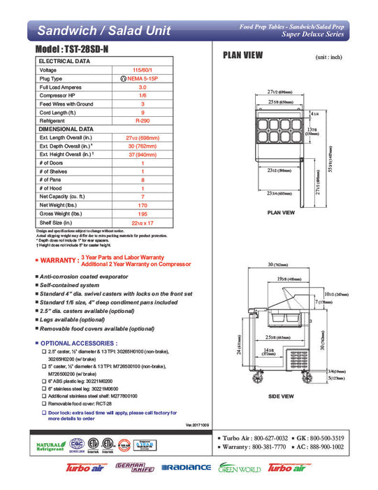 Turbo Air TST-28SD-N 28" 1 Door Refrigerated Sandwich Prep Table - Donut-Equipment.com