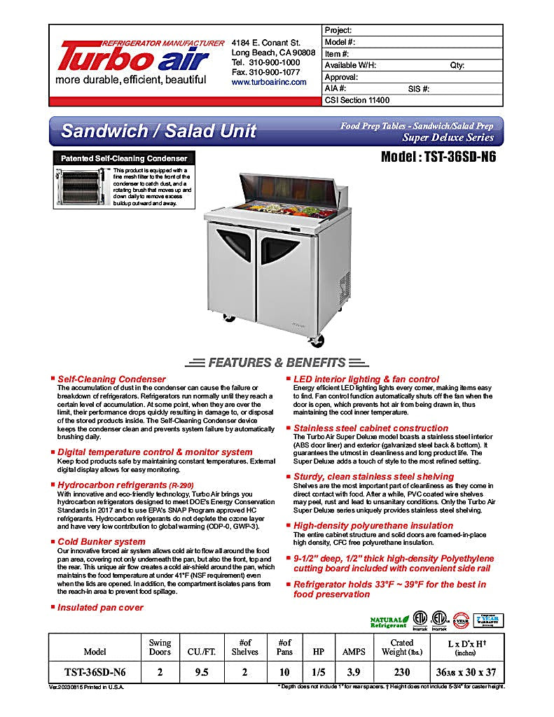Turbo Air TST-36SD-N6 36" Super Deluxe Sandwich/Salad Prep Table w/ Refrigerated Base - Donut-Equipment.com