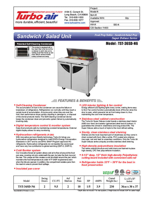 Turbo Air TST-36SD-N6 36" Super Deluxe Sandwich/Salad Prep Table w/ Refrigerated Base - Donut-Equipment.com