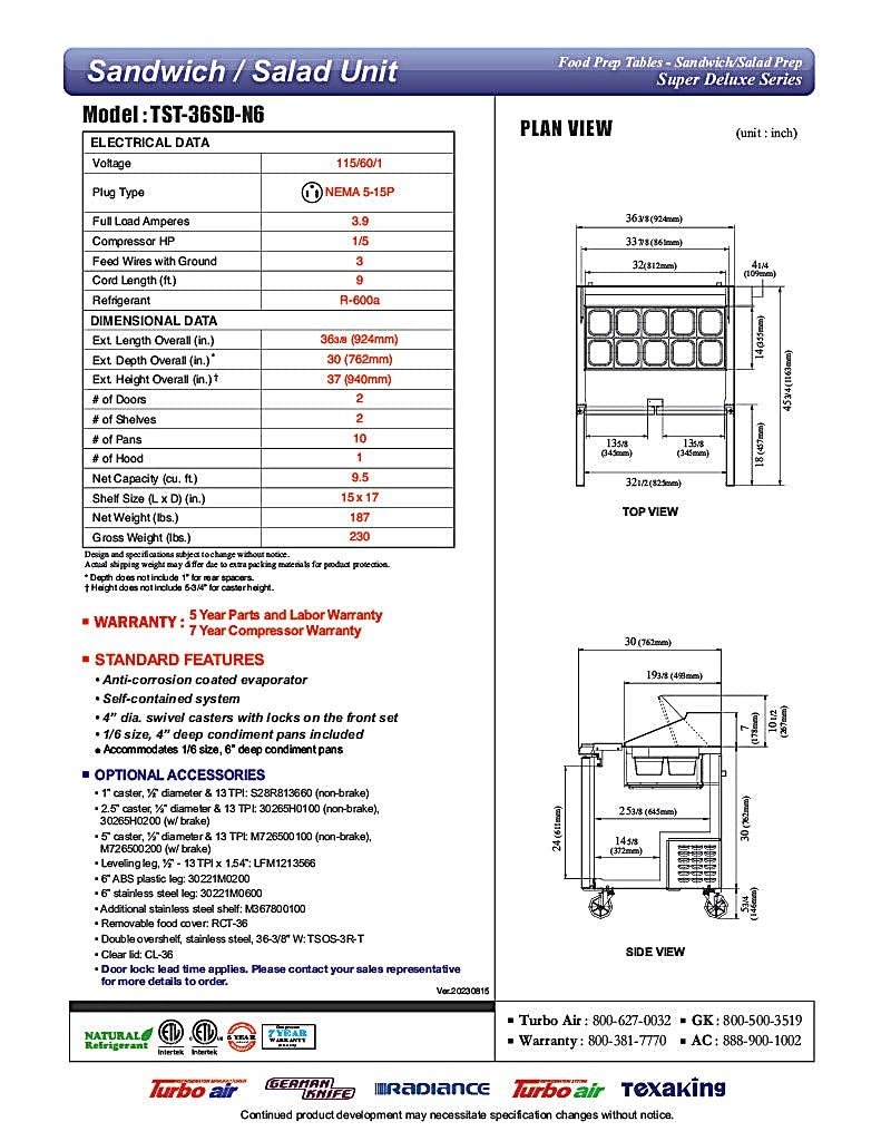 Turbo Air TST-36SD-N6 36" Super Deluxe Sandwich/Salad Prep Table w/ Refrigerated Base - Donut-Equipment.com
