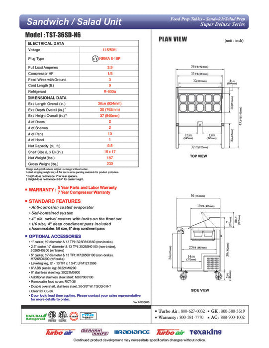 Turbo Air TST-36SD-N6 36" Super Deluxe Sandwich/Salad Prep Table w/ Refrigerated Base - Donut-Equipment.com