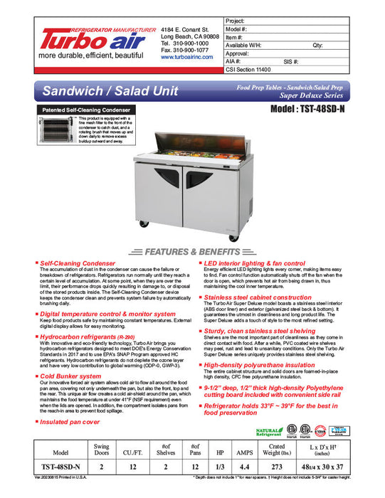 Turbo Air TST-48SD-N 48" Super Deluxe 2 Door Refrigerated Sandwich Prep Table - Donut-Equipment.com