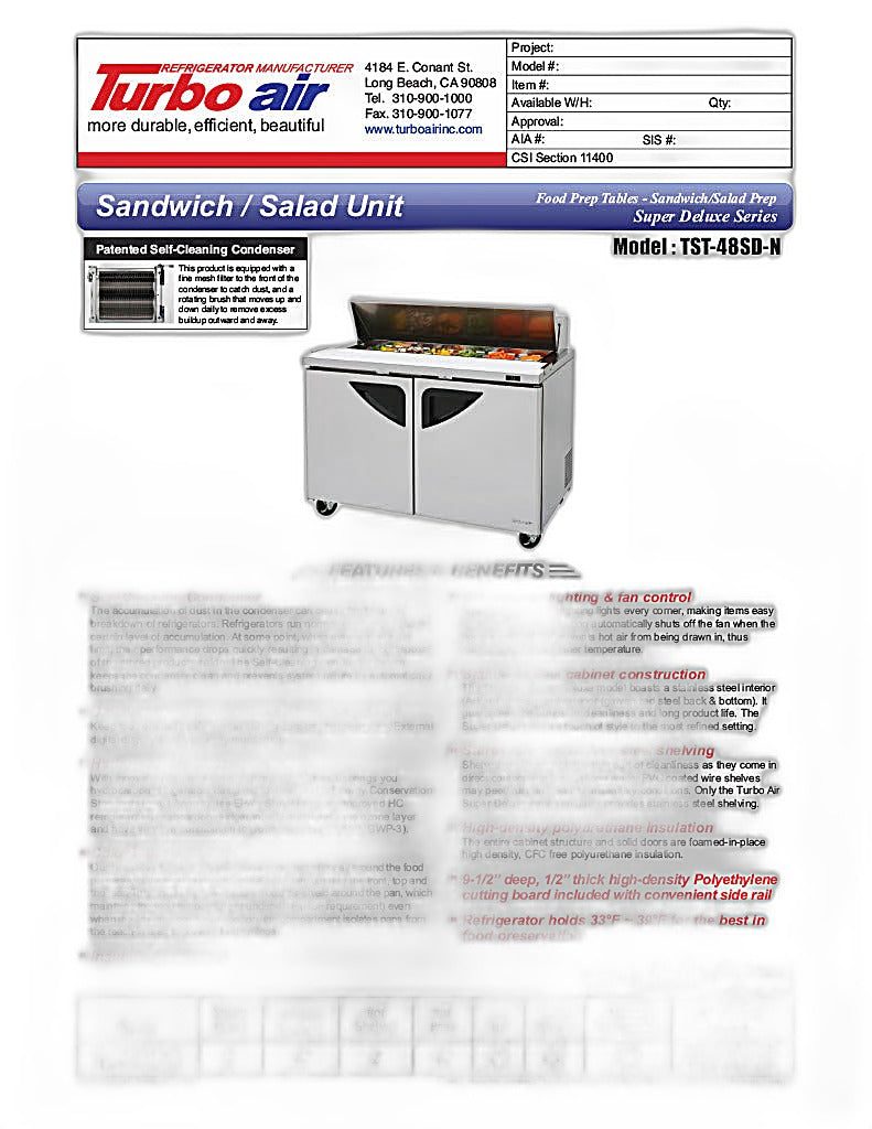 Turbo Air TST-48SD-N 48" Super Deluxe 2 Door Refrigerated Sandwich Prep Table - Donut-Equipment.com
